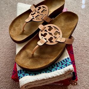 NIB Tory Burch Miller Cloud Sandals Bright Peach Calf Leather/Cork With Dust Bag